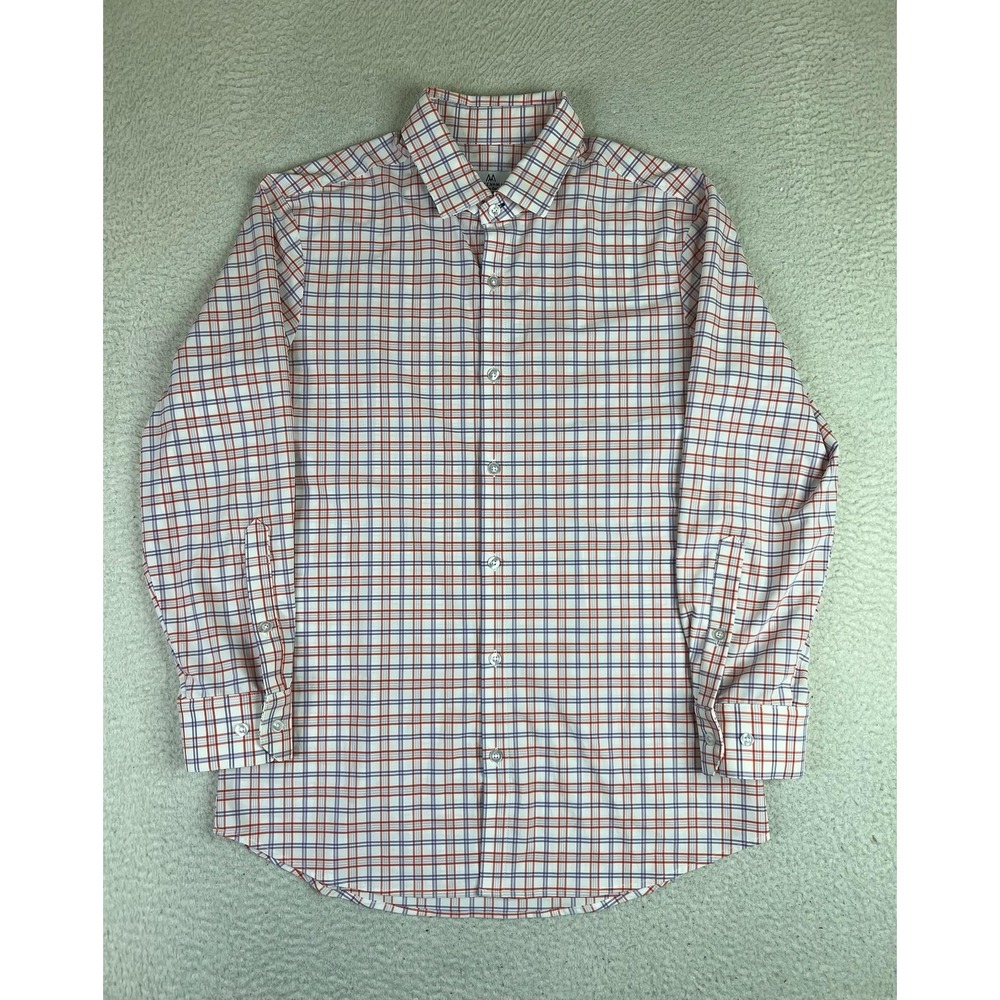 Mizzen+Main Dress Shirt Mens Large White Red Blue Check Trim Fit Stretch LS